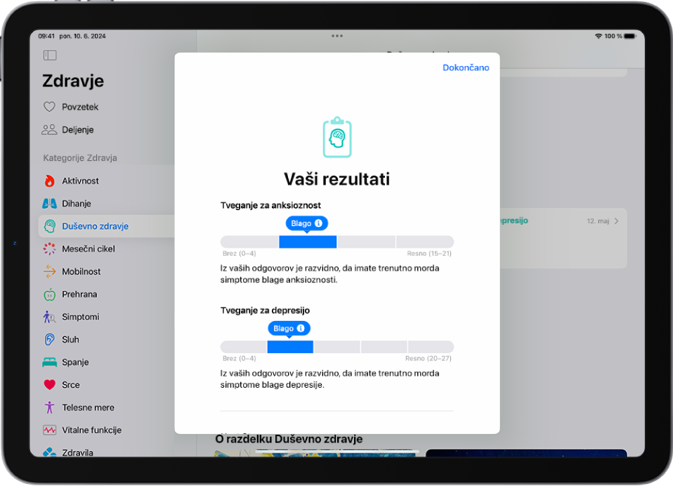 Zaslon v aplikaciji Zdravje, ki prikazuje rezultate vprašalnika o duševnem zdravju.