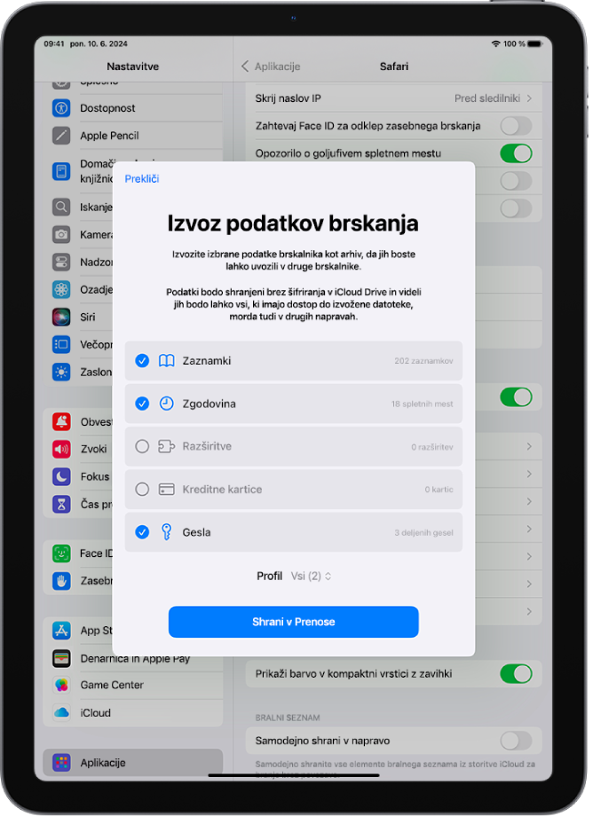 Na zaslonu Izvoz podatkov brskanja so prikazani podatki, ki jih lahko iz aplikacije Safari izvozite v drug brskalnik.