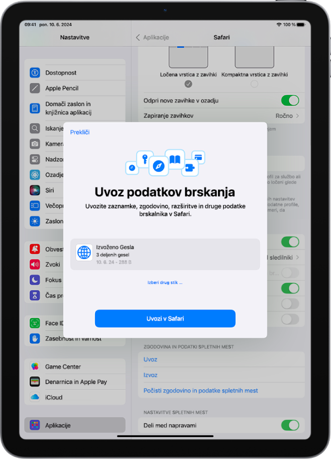 Zaslon Uvozi podatke brskanja, ki prikazuje datoteko CSV gesel drugega upravitelja gesel, ki jih želite uvoziti.