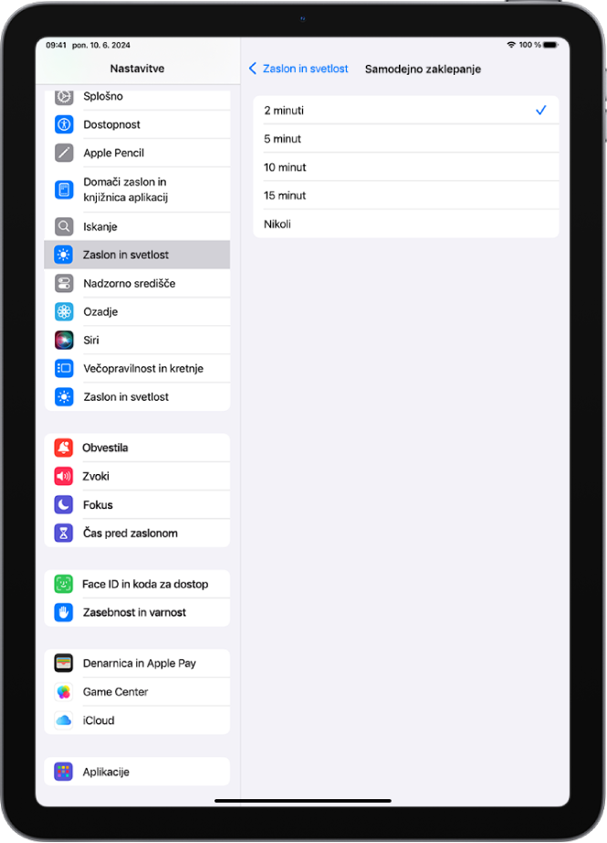Zaslon Samodejno zaklepanje zaslona z nastavljenim trajanjem, preden se iPad samodejno zaklene.