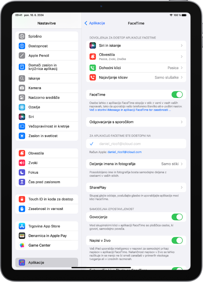 Zaslon z nastavitvami FaceTime, ki prikazuje nadzor za vklop ali izklop FaceTime in račun Apple, ki se uporablja za FaceTime.