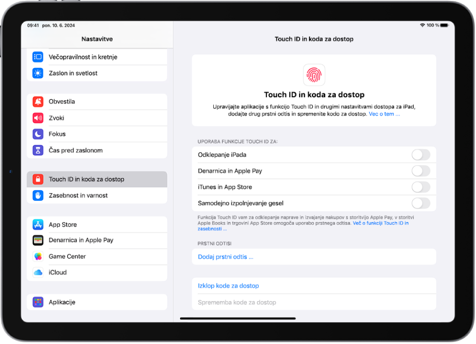 Zaslon, ki prikazuje nastavitve za Touch ID in koda za dostop, z možnostmi za dodajanje prstnega odtisa in vklop kode za dostop.