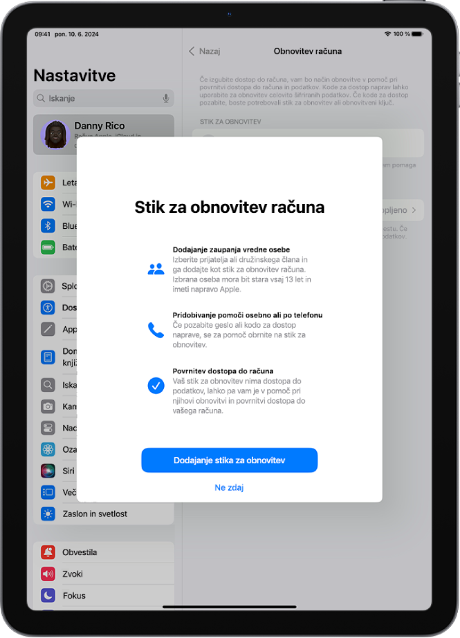 Zaslon Stik za obnovitev računa z informacijami o funkciji. Gumb Dodaj stik za obnovitev je na dnu