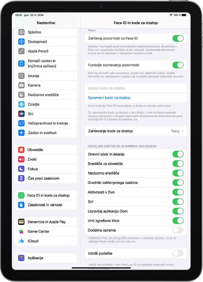 Dotaknite se nastavitev Face ID in koda za dostop z možnostmi za omogočanje dostopa do določenih funkcij, ko je iPad zaklenjen.