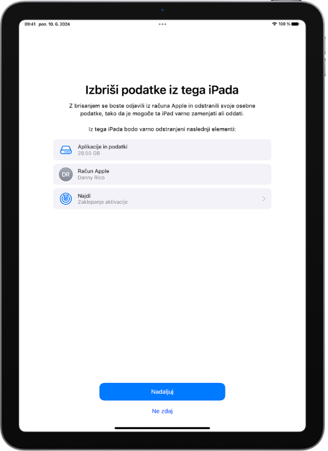 Zaslon Brisanje tega iPada.