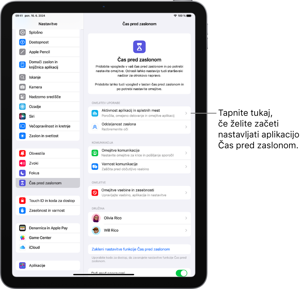Zaslon za nastavitev možnosti Čas pred zaslonom, ki prikazuje, da za začetek tapnete dejavnost aplikacije in spletnega mesta.