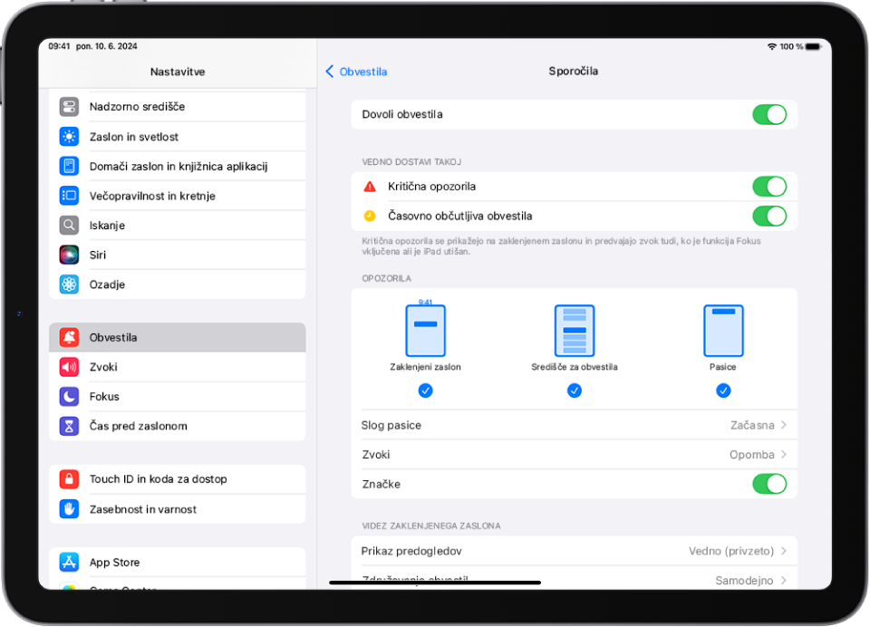 iPad z nastavitvami aplikacije Sporočila za obvestila in opozorila.