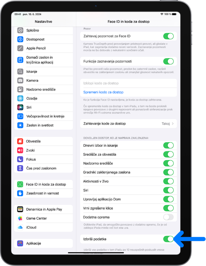 Kontrolnik Izbriši podatke, ki se nahaja na dnu zaslona Face ID in koda za dostop v aplikaciji Nastavitve.