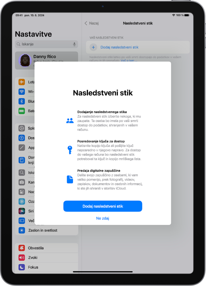 Zaslon Nasledstveni stik z informacijami o funkciji. Gumb Dodaj nasledstveni stik je na dnu.