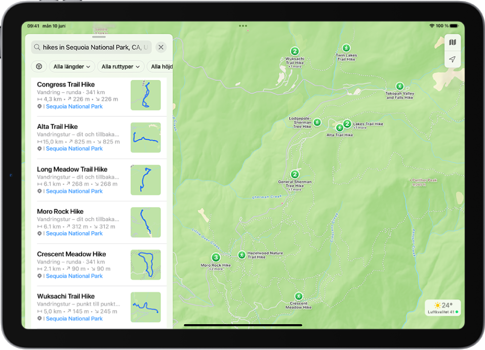 Appen Kartor visar träffar för en sökning efter vandringar i en nationalpark.