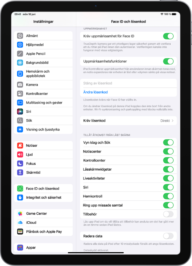 Inställningarna Face ID och lösenkod med alternativ för att ge åtkomst till specifika funktioner när iPad är låst.