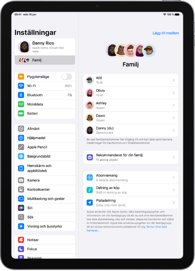 Skärmen Familj i Inställningar. Upp till fem familjemedlemmar listas ovanför funktionerna som delas.