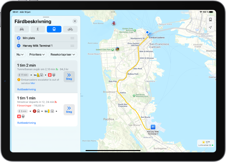 En karta med en rutt med kollektivtrafik. På ett ruttkort till vänster finns knappen OK vid flera av ruttalternativen.