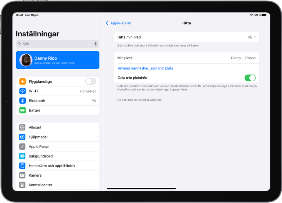 En skärm visar inställningar för appen Hitta med alternativ för att slå på Hitta min iPad och Dela min plats.