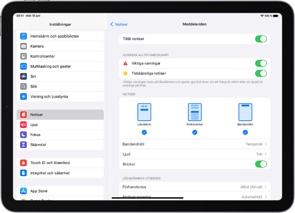 iPad med inställningar för notiser och varningar i Meddelanden.