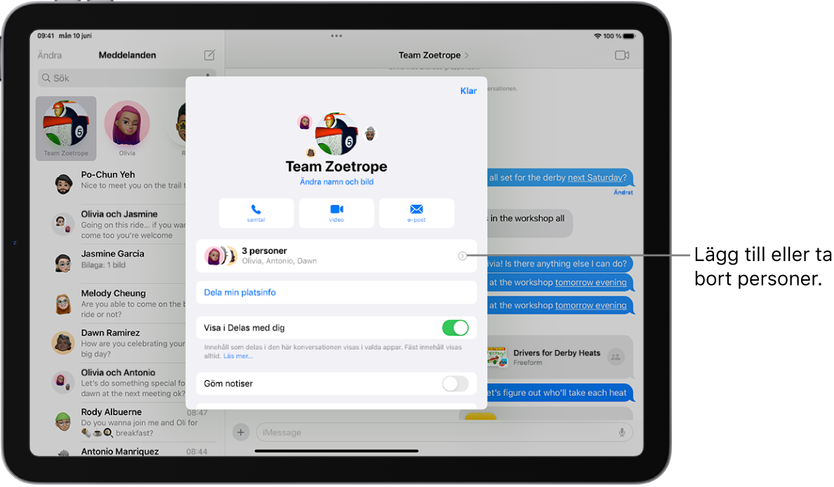 En iPad med konversationsdetaljer för en grupp.