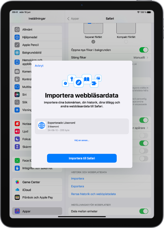 Skärmen Importera surfdata visar CSV-filen med lösenorden från en annan lösenordshanterare som ska importeras.