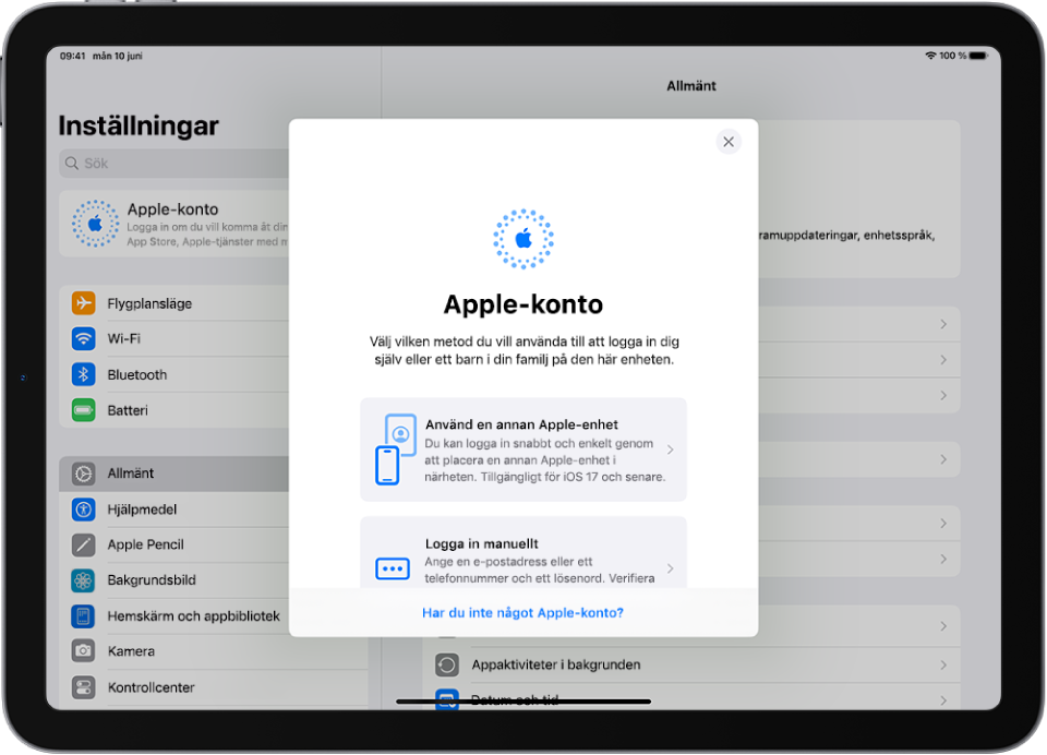 Skärmen Inställningar med inloggningsdialogen för Apple‑konto i mitten av skärmen.