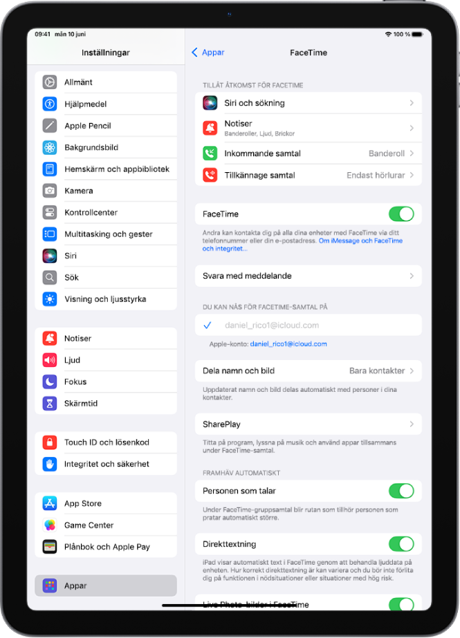 Skärmen med FaceTime-inställningar med reglaget för att slå på eller stänga av FaceTime och Apple-kontot som används för FaceTime.