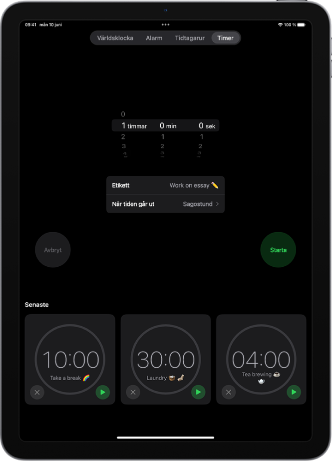 Fliken Timer med inställningarna för en timer. En nyligen skapad timer finns nedanför timerinställningarna. Längst ned finns knapparna Världsklocka, Väckarklocka, Tidtagarur och Timer.