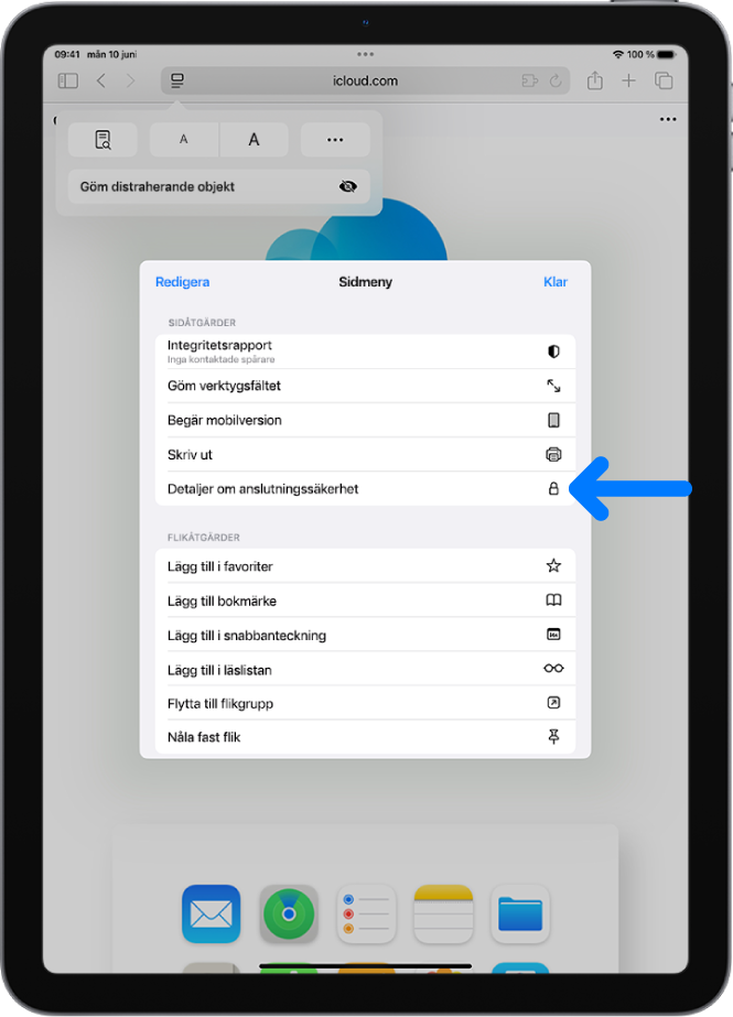Sidinställningsmenyn är öppen i Safari och reglaget Detaljer om anslutningssäkerhet finns halvvägs ned på sidan.