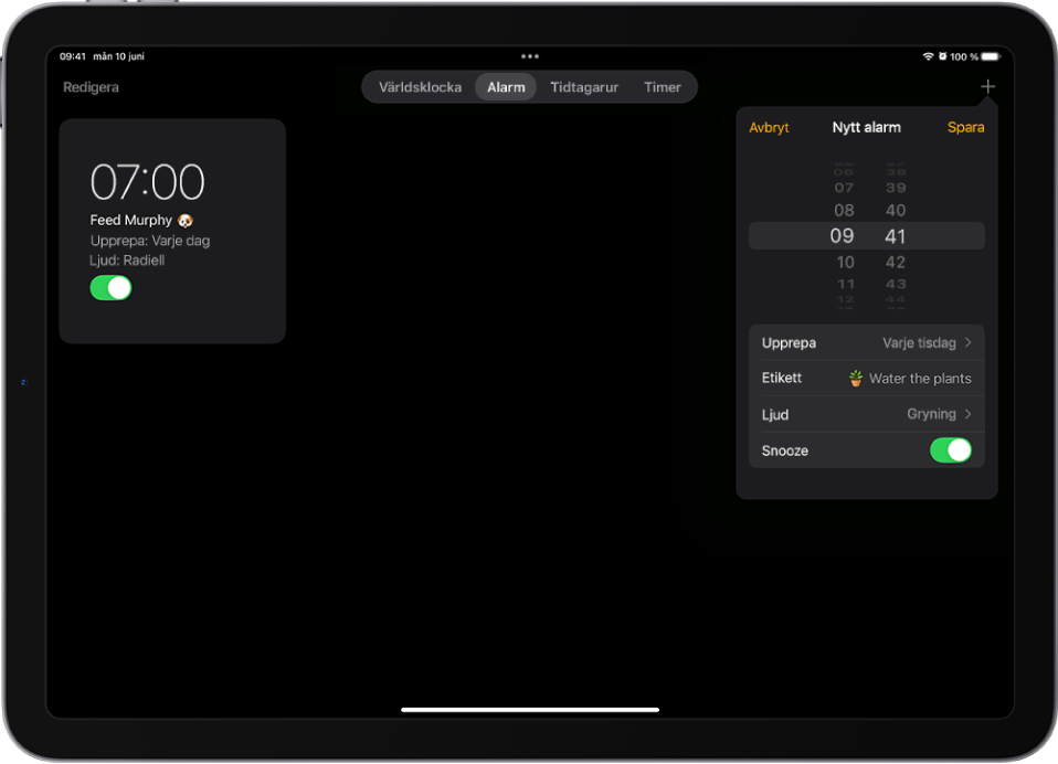 Fliken Alarm i appen Klocka med inställningar för att ändra alarmtiden, välja om alarmet ska upprepas, lägga till en alarmetikett, välja ett alarmljud och aktivera snooze.