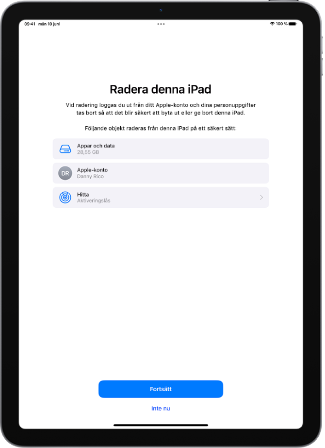 Skärmen Radera denna iPad.