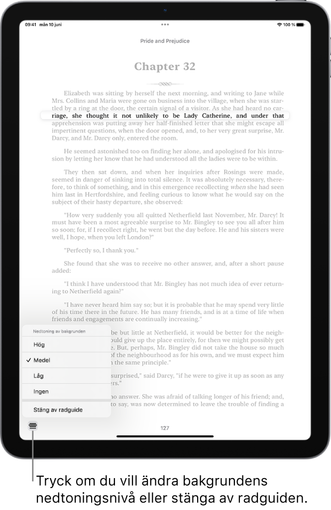 En sida i en bok i appen Böcker. En enda rad med text är markerad och resten av texten är nedtonad. I det nedre vänstra hörnet av skärmen finns menyknappen Radguide.