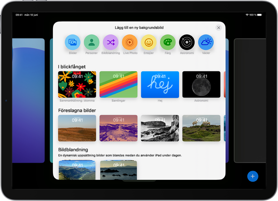 På skärmen Lägg till ny bakgrundsbild visas ett galleri med olika bakgrundsbilder för att anpassa låsskärmen på iPad i kategorier som I blickfånget och Föreslagna bilder. Högst upp finns knappar för att lägga till bilder, personer, en bildblandning, emojier och en väderskärmsbakgrund på låsskärmen.