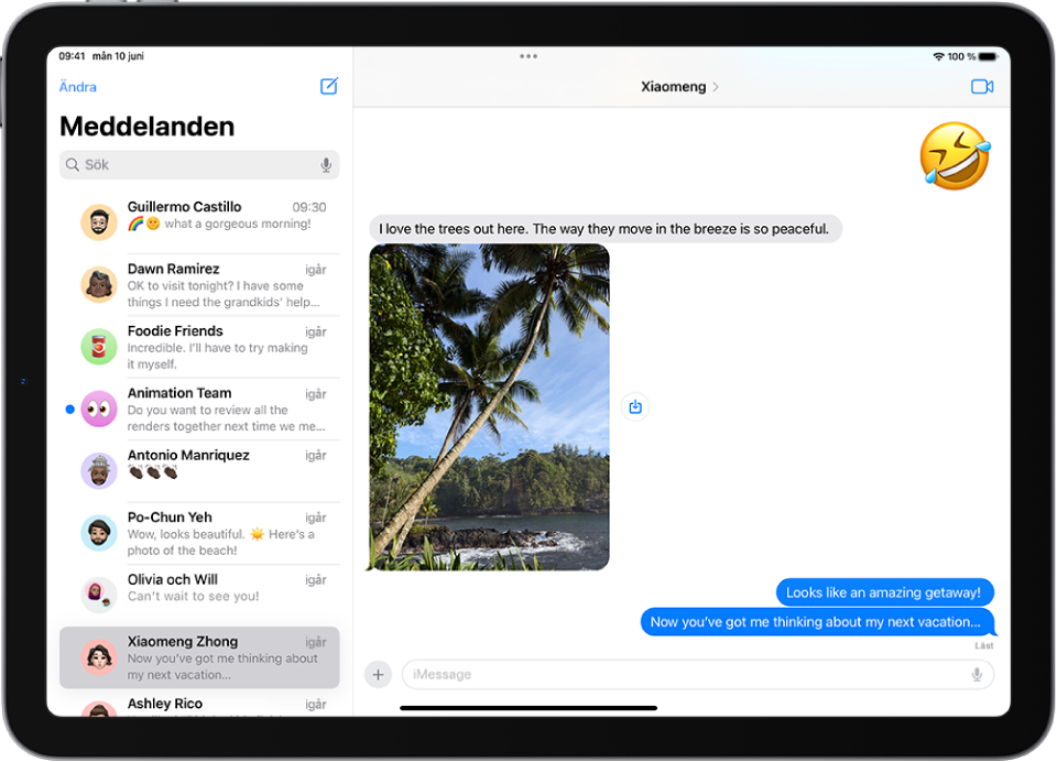 En konversation i Meddelanden visar iMessage-funktioner.