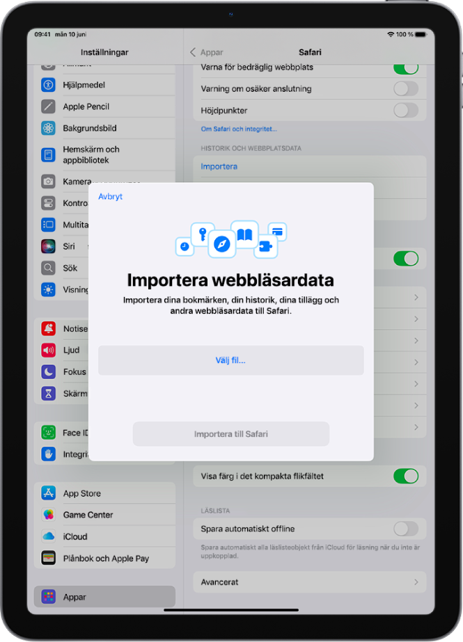 Skärmen Importera webbläsardata visar data från en annan webbläsare som ska importeras till Safari.