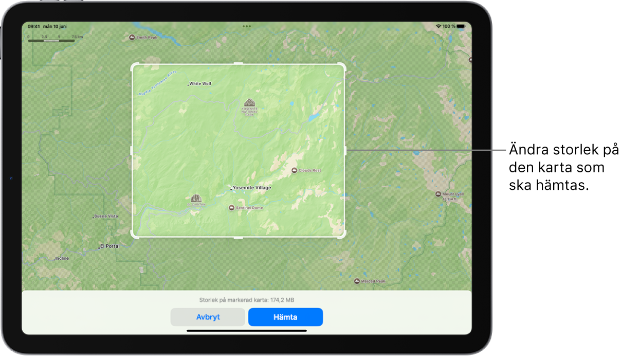 En iPad med en karta över en nationalpark. Parken ramas in av en rektangel med handtag som kan flyttas för att ändra storleken på kartan som ska hämtas. Den markerade kartans hämtningsstorlek visas längst ned på kartan. Knapparna Avbryt och Hämta finns längst ned på skärmen.