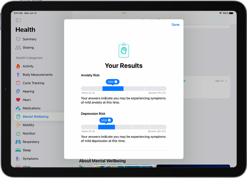 மனநலப் பிரச்சினைக்கான வினாப்பட்டியல் முடிவுகளைக் காட்டும் உடல்நலம் செயலியில் உள்ள திரை.
