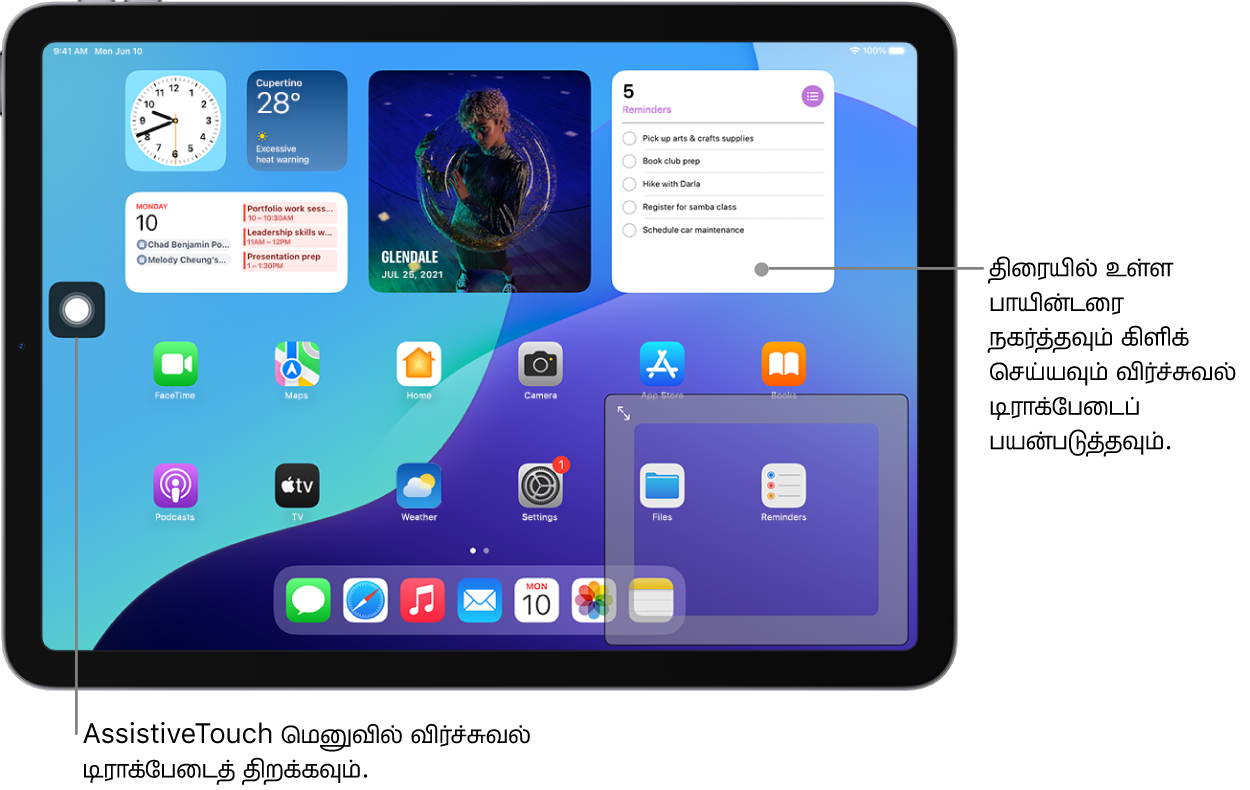 திரையின் மூலையில் விர்ச்சுவல் டிராக்பேடு இருப்பதை iPad காட்டுகிறது. அத்துடன் AssistiveTouch மெனுவும் (டிராக்பேடைத் திறக்கப் பயன்படும் மெனு), பாயின்டரும் (டிராக்பேடால் கட்டுப்படுத்தப்படுவது) திரையில் உள்ளன.