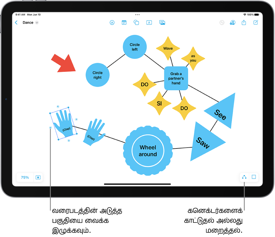 Freeform போர்டில் உள்ள வரைபடத்தில், தேர்ந்தெடுக்கப்பட்ட வடிவத்தில் கனெக்டர்கள் காட்டப்பட்டுள்ளன. அதற்கு மேலே வடிவமைப்புக் கருவிகள் காட்டப்பட்டுள்ளன.