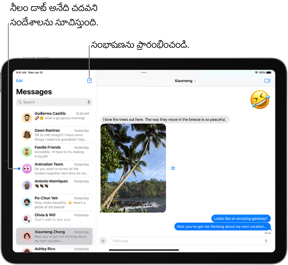 ఎడమ వైపున సంభాషణ జాబితా, కుడి వైపున సంభాషణ. కొత్త సందేశాన్ని ప్రారంభించడానికి సంభాషణ జాబితాకు ఎగువ కుడివైపున ఉన్న కంపోజ్ బటన్‌ను ట్యాప్ చేయాలి. సందేశానికి ఎడమ వైపున ఉన్న నీలి రంగు డాట్ దానిని చదవలేదని సూచిస్తుంది.