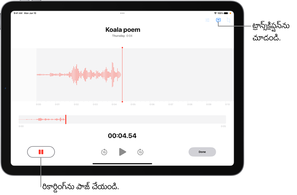 టైమ్ ఇండికేటర్, రికార్డింగ్‌ను పాజ్ చేయడానికి బటన్, ట్రాన్స్‌స్క్రిప్షన్‌ను చూడటానికి బటన్‌తో పాటు, కొనసాగుతున్న రికార్డింగ్ వేవ్‌ఫార్మ్ చూపుతున్న వాయిస్ మెమో రికార్డింగ్.