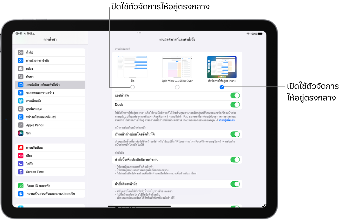 หน้าจอการตั้งค่าสำหรับการเปิดใช้หรือปิดใช้ตัวจัดการให้อยู่ตรงกลาง