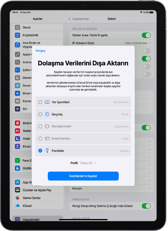 Dolaşma Verilerini Dışa Aktarın ekranında, başka bir parola yöneticisine aktarmak için Parolalar seçeneği seçili.