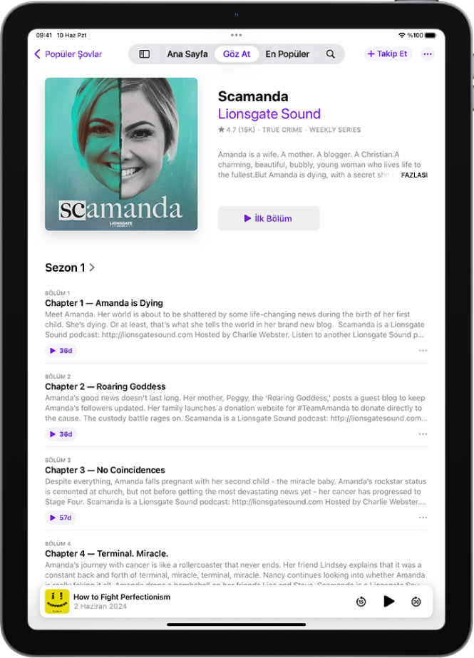 Podcast’ler uygulamasındaki şov sayfası, her bölümün özetiyle birlikte sezon bölümlerini ve en altta Oynat düğmesini gösteriyor.