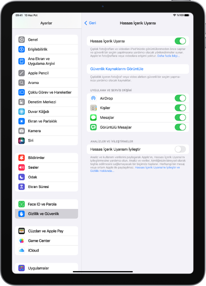 Güvenlik Kaynaklarını Görüntüle etiketli bir düğmenin yanı sıra analiz ve kullanım verilerini Apple ile paylaşmaya yönelik Hassas İçerik Uyarısını İyileştir etiketli bir düğme ile birlikte Hassas İçerik Uyarısı ayarları.