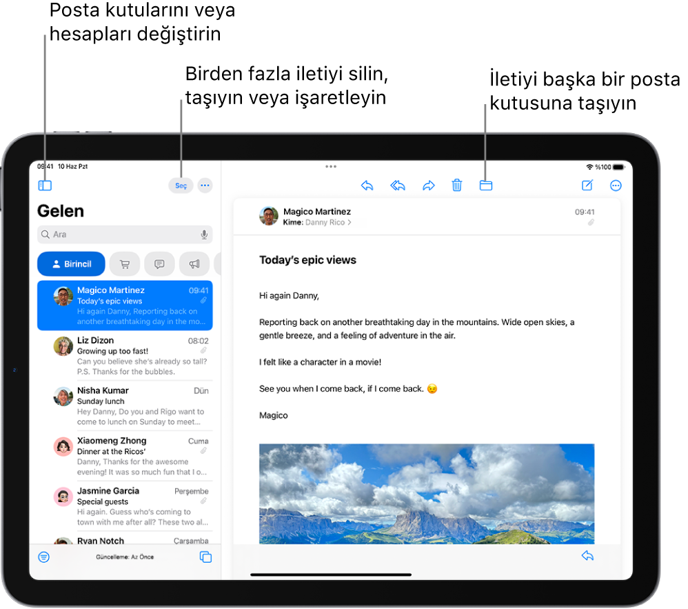 Solda e-posta listesi ve sağda açık bir e-posta ile Mail’in Gelen Kutusu.