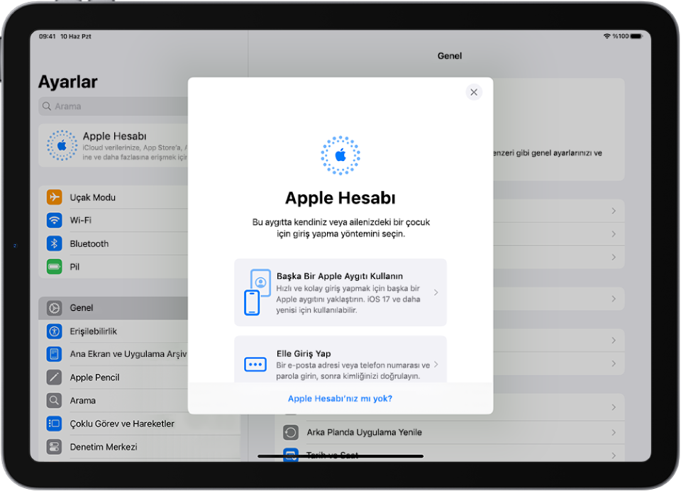 Ekranın ortasında Apple Hesabı’na giriş yapma sorgu kutusunun bulunduğu Ayarlar ekranı.