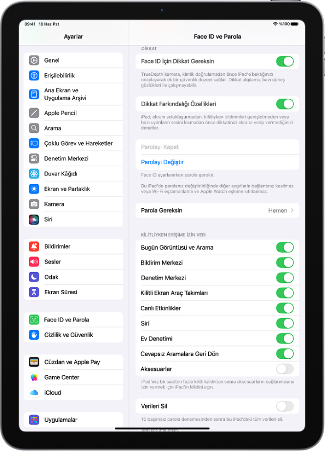 iPad kilitliyken belirli özelliklere erişime izin verme seçenekleri ile Face ID ve Parola ayarları.