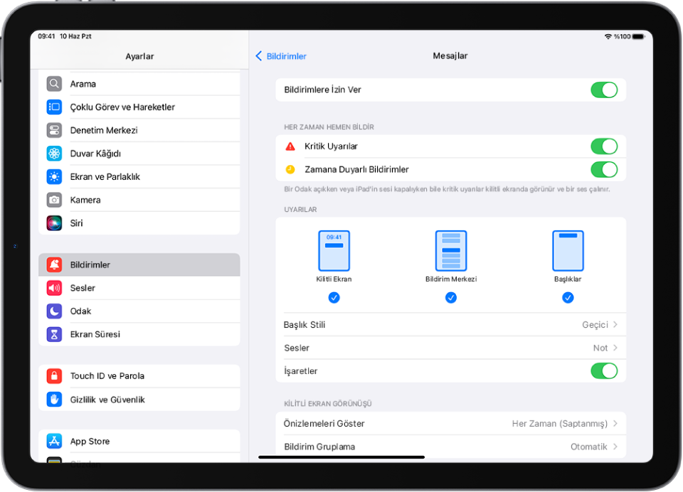 Bildirimler ve uyarılar için Mesajlar ayarları ile iPad.