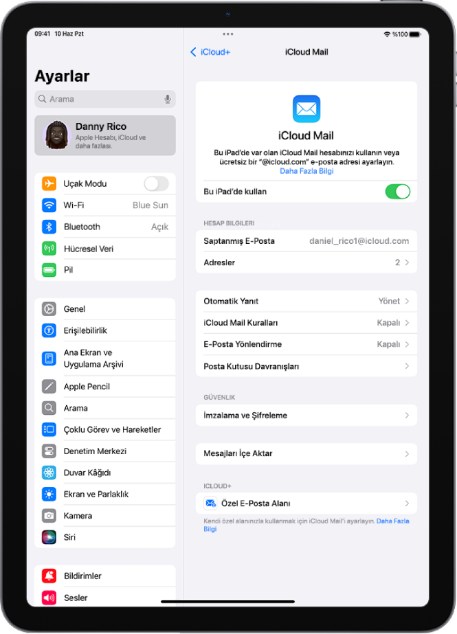Ayarlar uygulamasında iCloud Mail ekranı açık. Özel E-Posta Alanı, menünün en altında.