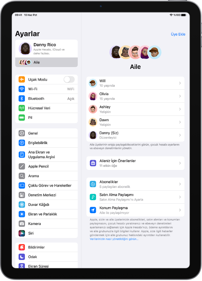 Ayarlar’daki Aile ekranı. Paylaşılan özelliklerin üst tarafında en fazla beş aile üyesi listeleniyor.