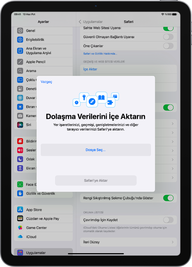 Dolaşma Verilerini İçe Aktarın ekranı, başka bir web tarayıcıdaki verilerin Safari’ye aktarıldığını gösteriyor.