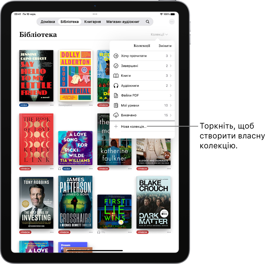 Екран «Бібліотека» в програмі «Книги». Угорі екрана відкрито меню «Колекції», що містить такі опції, як «Аудіокниги» й «Файли PDF».