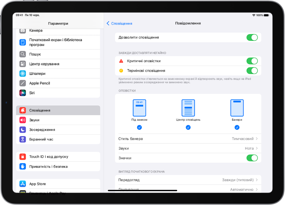 Екран iPad з параметрами Повідомлень для сповіщень і оповісток.